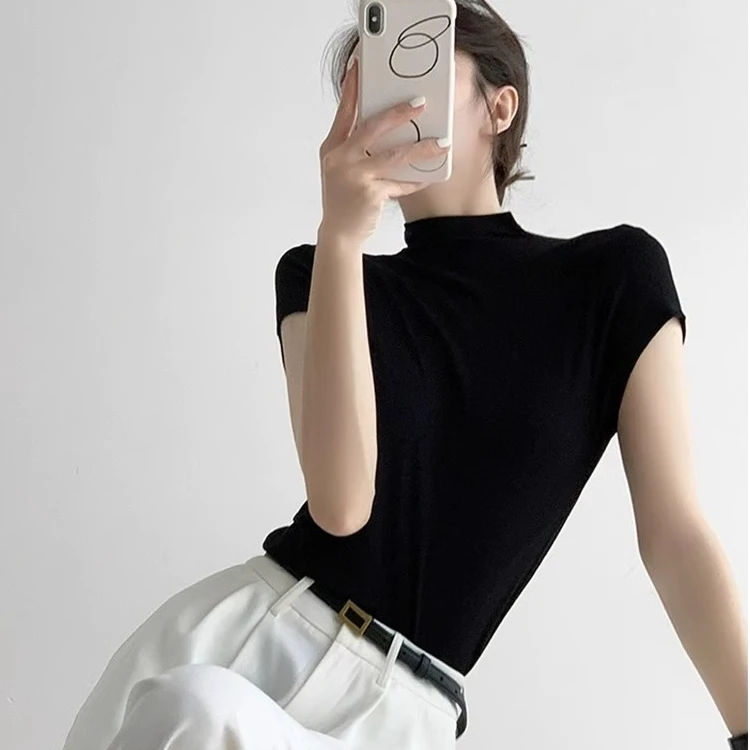 高级感黑色半高领短袖t恤女夏季内搭修身冰丝针织打底衫正肩上衣