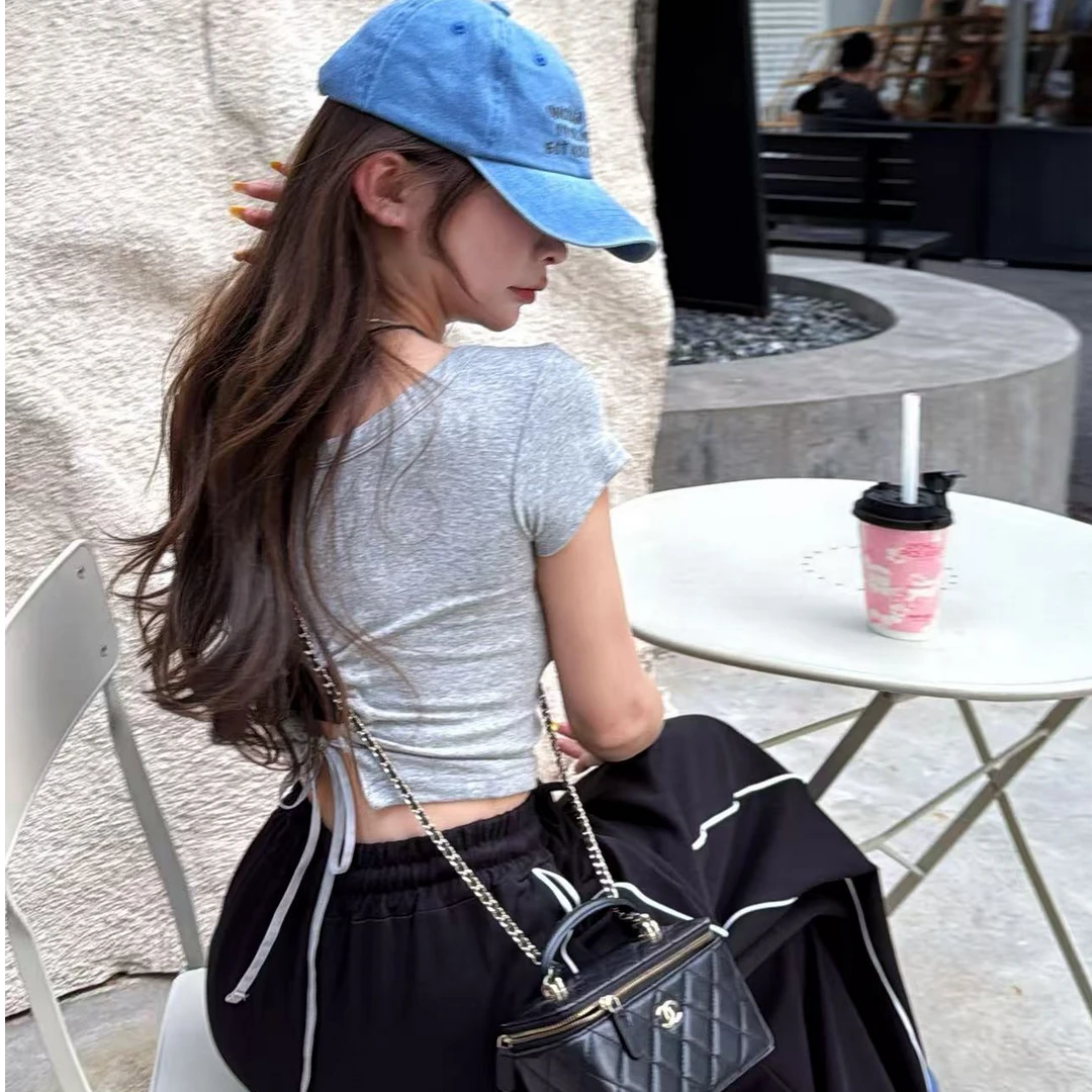 【YKL】自在韵律 灰色后背镂空系带短T恤/黑色侧白条松紧腰休闲裤