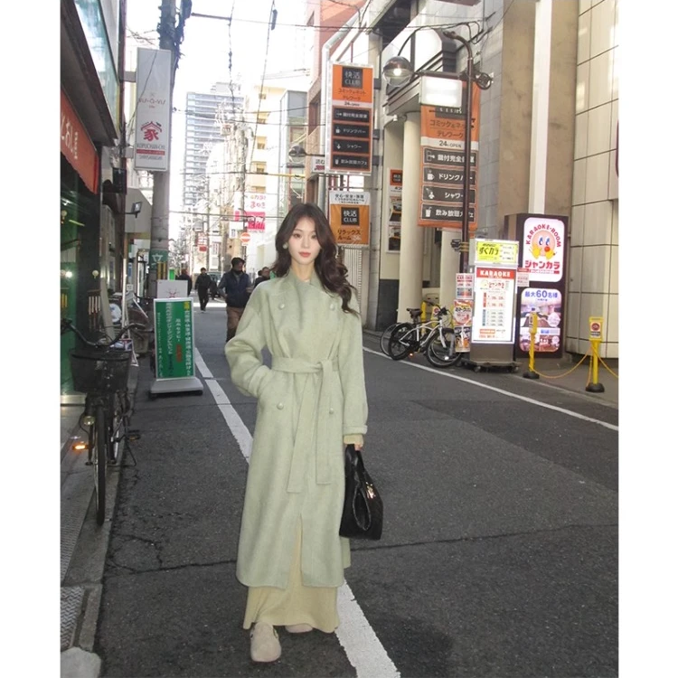 THEORY ERROR高级感宽松双面呢绿色羊毛呢子大衣女秋冬季气质外套