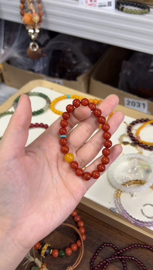 未镶嵌蜜蜡手链柿子红玛瑙蜜蜡顶珠手串[1239]