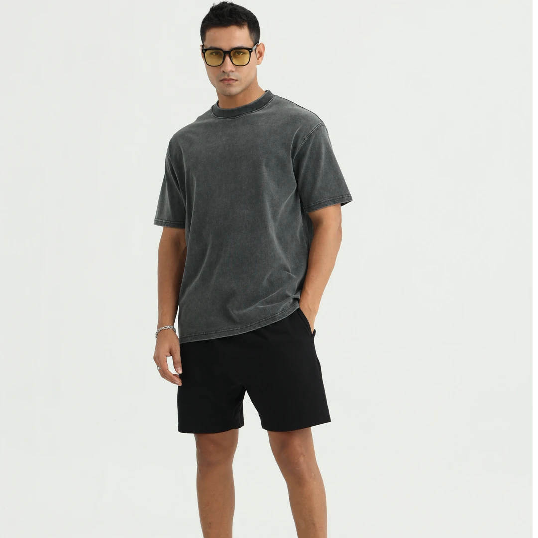 CHOMNES水洗复古做旧石墨光板纯色280G棉圆领短袖T恤男简约春夏