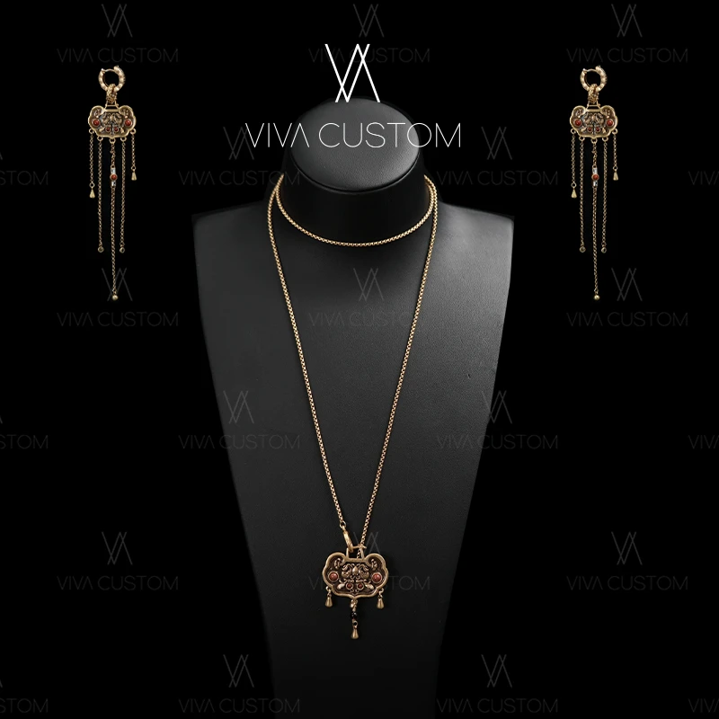 铜合金合成锆石耳饰 新中式系列 时尚精致流苏平安锁套装