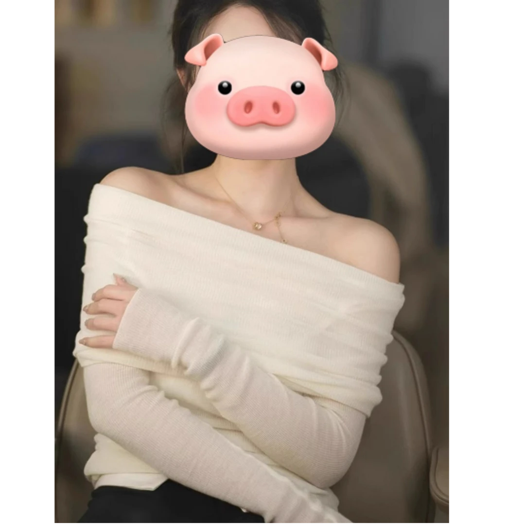 一字肩针织衫女长袖早秋气质修身显瘦打底露肩别致高级感锁骨上衣