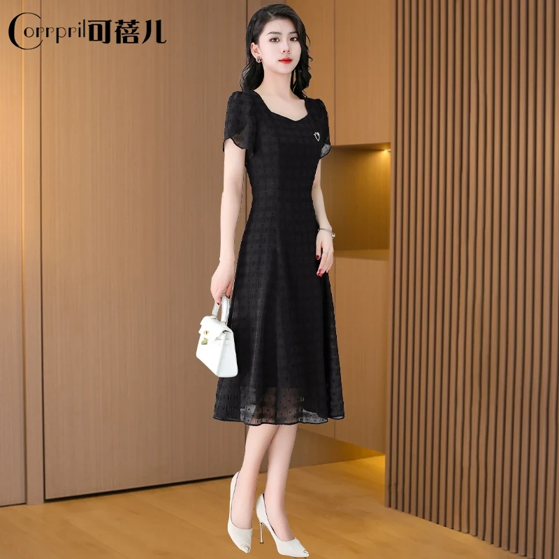 【可蓓儿】纱料连衣裙2025新款女夏季十三行时尚高端黑色高级妈妈装
