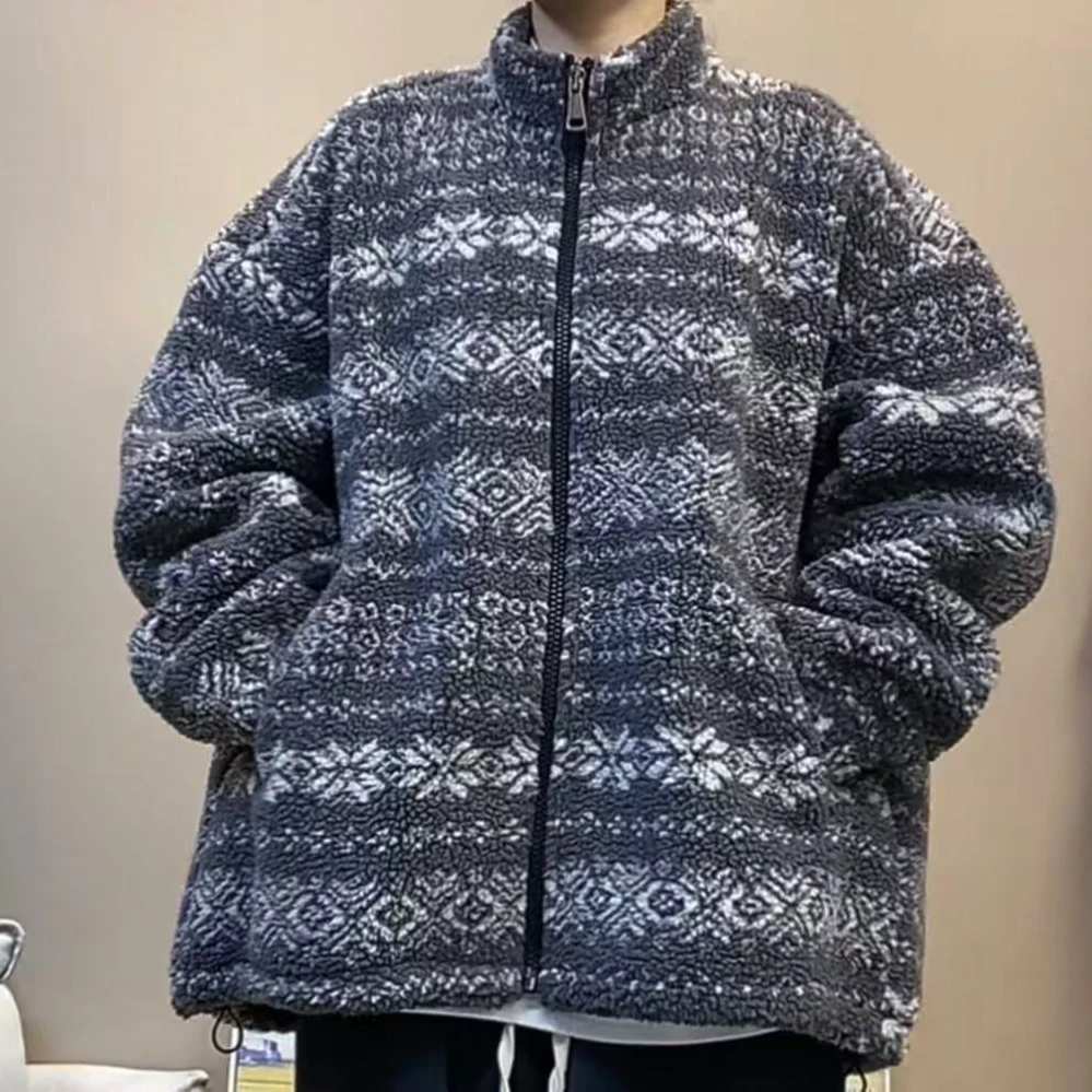 加绒灰色提花毛毛外套女宽松