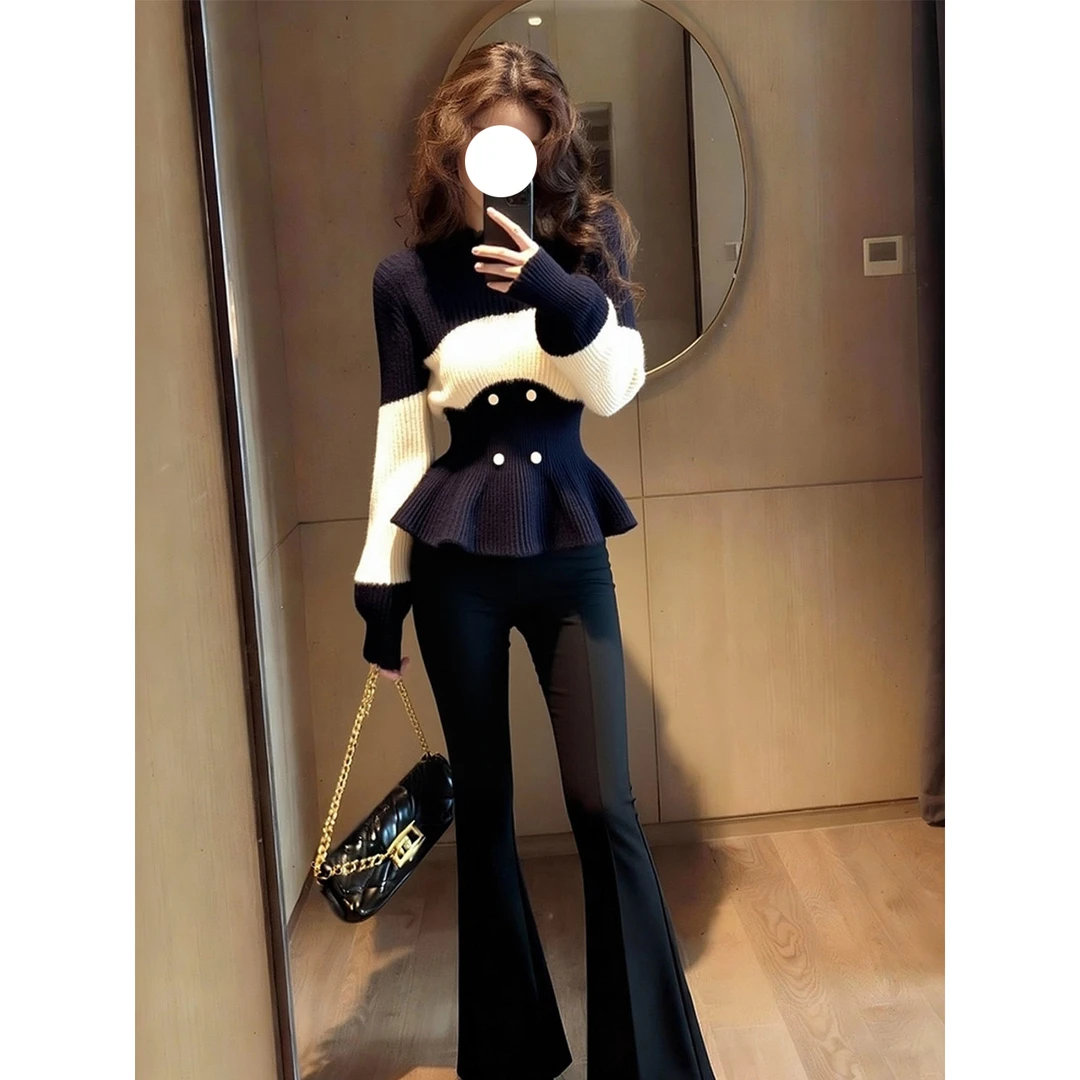 冬季韩系氛围感穿搭高级感巨好看洋气减龄小众不撞款拼色针织衫女