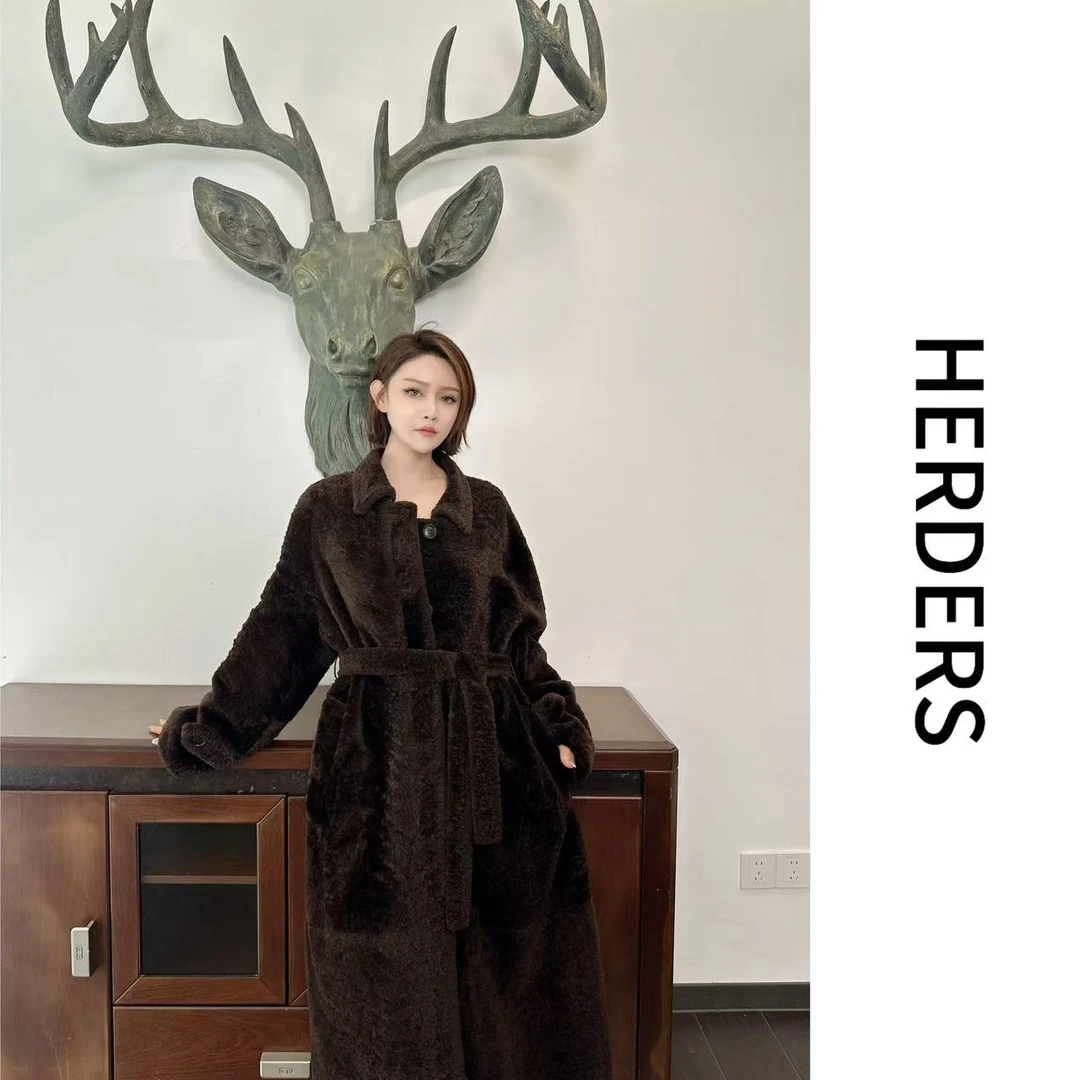 HERDERS （欢欢自留）长款小翻领纽扣款系带皮毛一体 40580