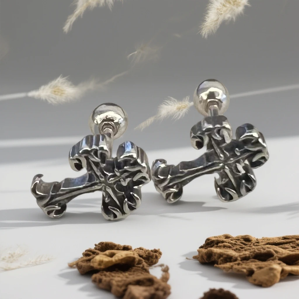 925银耳饰 9纯银耳环E011个性原创耳坠复古做旧十字架男生耳钉