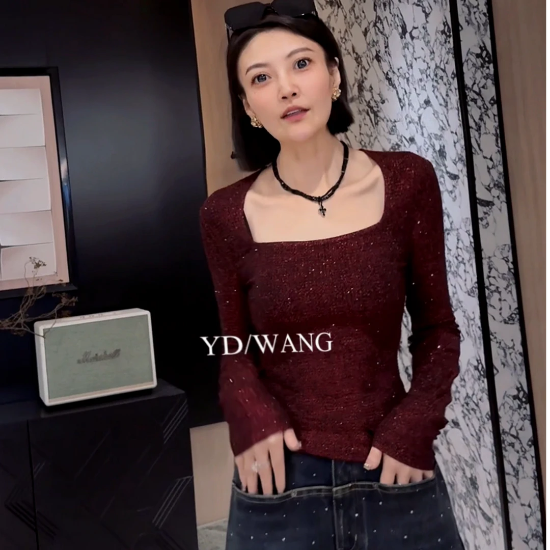 【YD精选】满钻方领修腰上衣  衬衫上衣女士打底纯色长袖气质