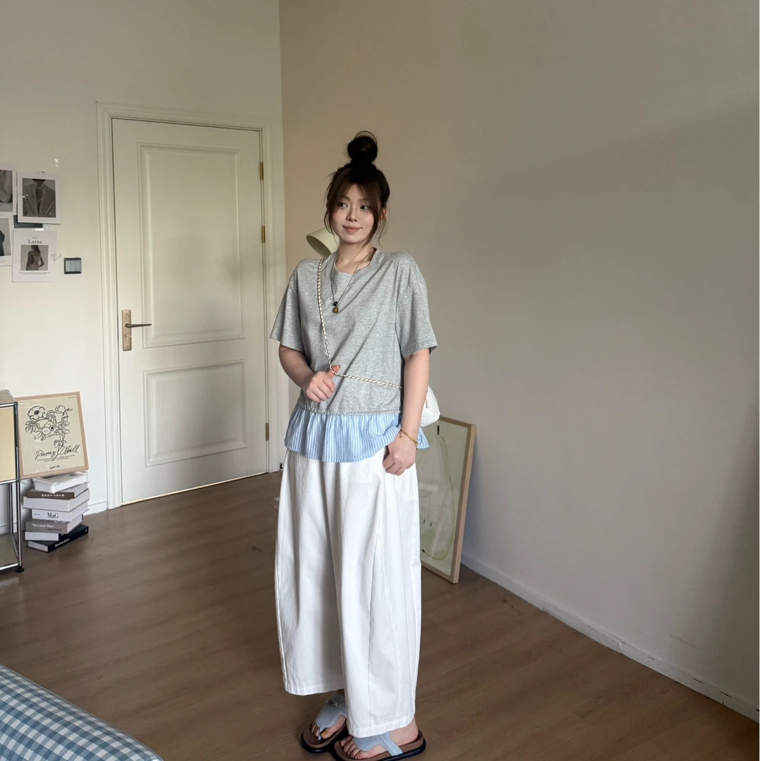 晶咕软软【知夏】时尚休闲薄款设计感下摆抽绳拼接纯色短袖T恤