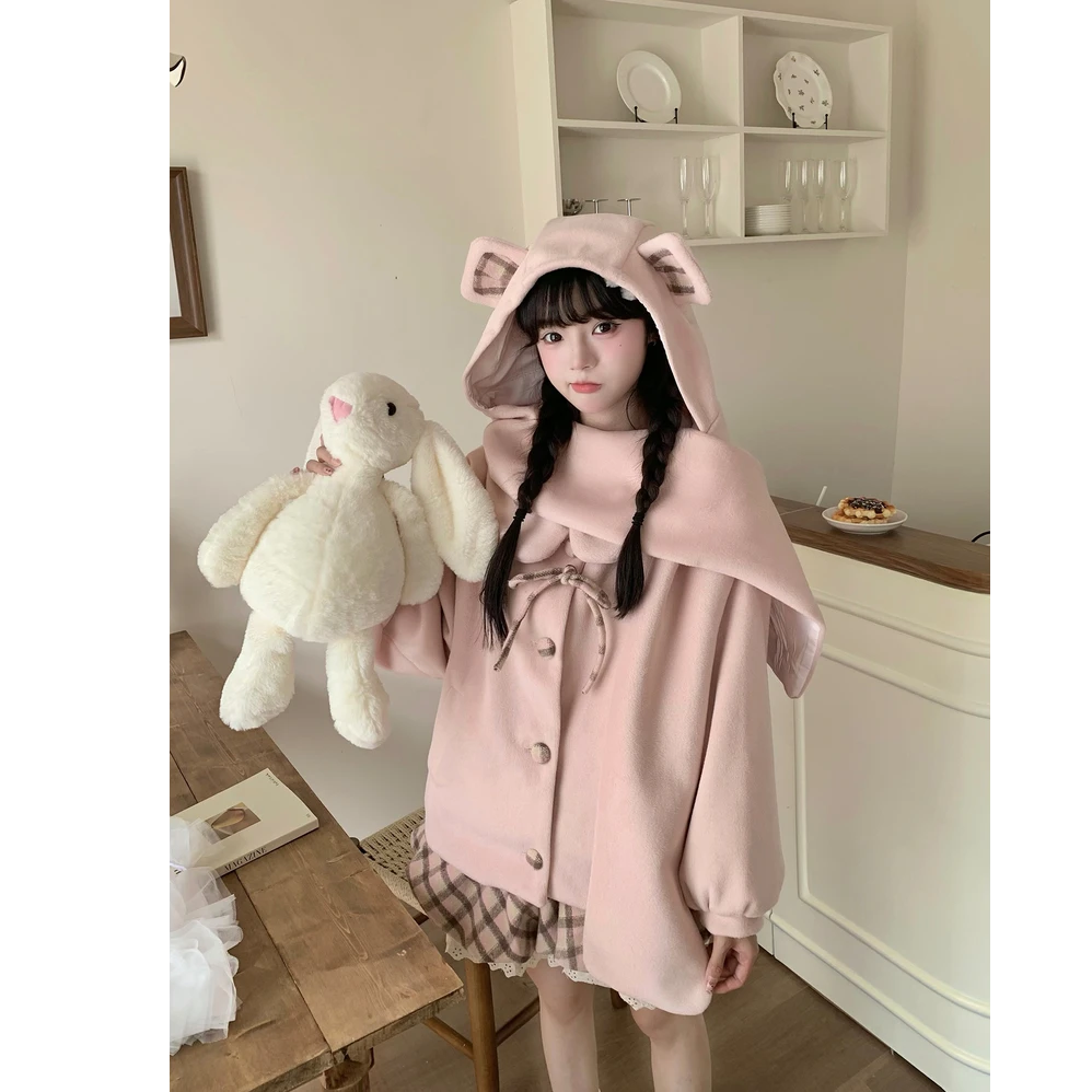 粉绒学院 设计感粉色撞格子娃娃领毛呢外套+格子半身裙套装