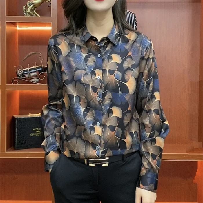 轻奢高端男士桑蚕丝衬衫休闲长袖衬衣时尚百搭印花春夏新款翻领