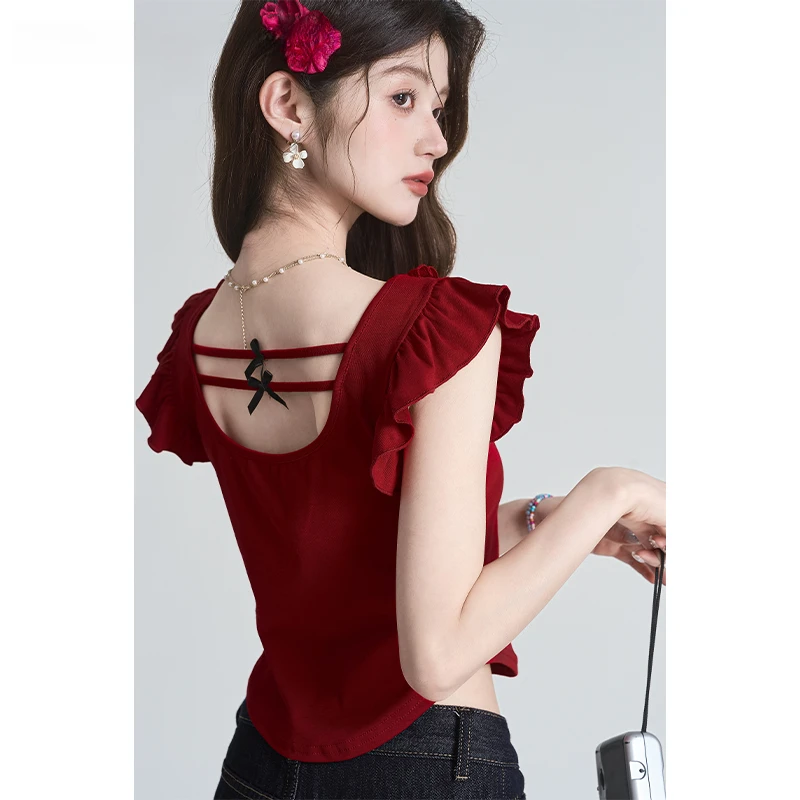 帛卡琪2025夏季新款甜辣风红色方领小飞袖t恤女正肩修身短上衣
