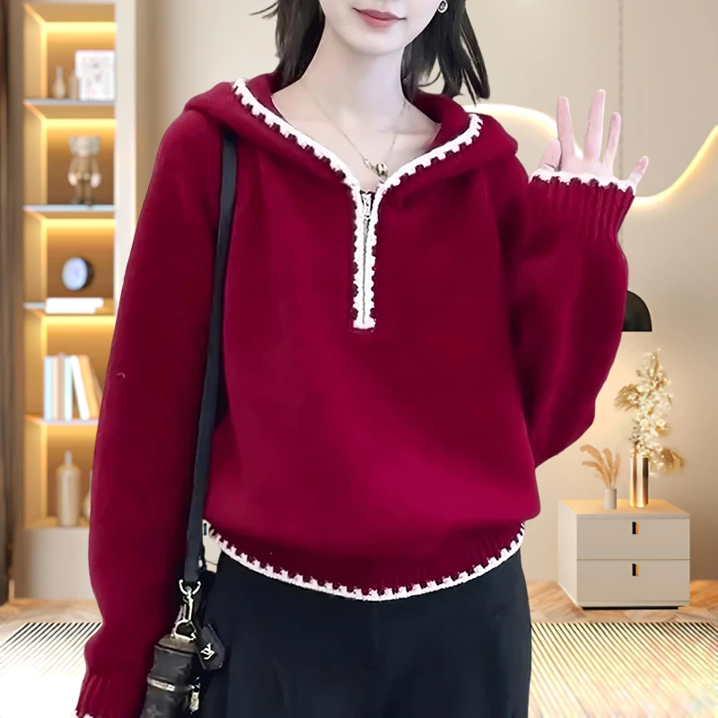 秋冬小众炸街高级感女装半拉链毛针织衫带帽休闲洋气显瘦打底上衣