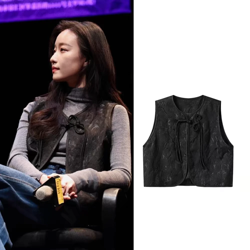 倪妮明星同款新中式马甲无袖短款百搭上衣春秋外搭提花马夹气质