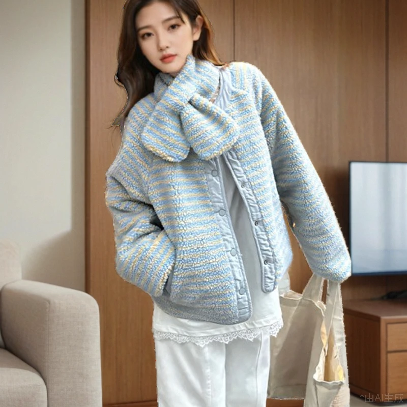 双面穿摇粒绒棉袄棉服女冬季小个子加厚短款棉衣韩系毛绒围脖外套