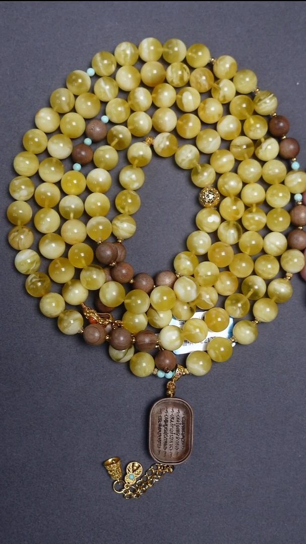 蜜蜡颈饰未镶嵌金白圆珠108项链9mm