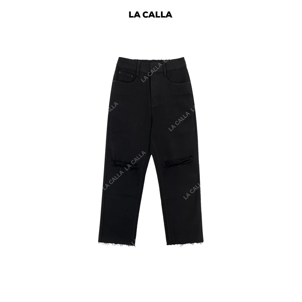 LA CALLA水洗磨破毛边黑牛仔裤YY-AO6435