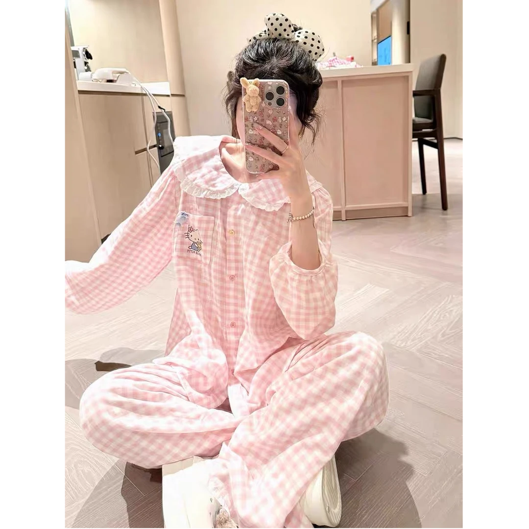 韩版ins风甜美娃娃领粉色格子睡衣女春秋季新款长袖凯蒂猫家居服