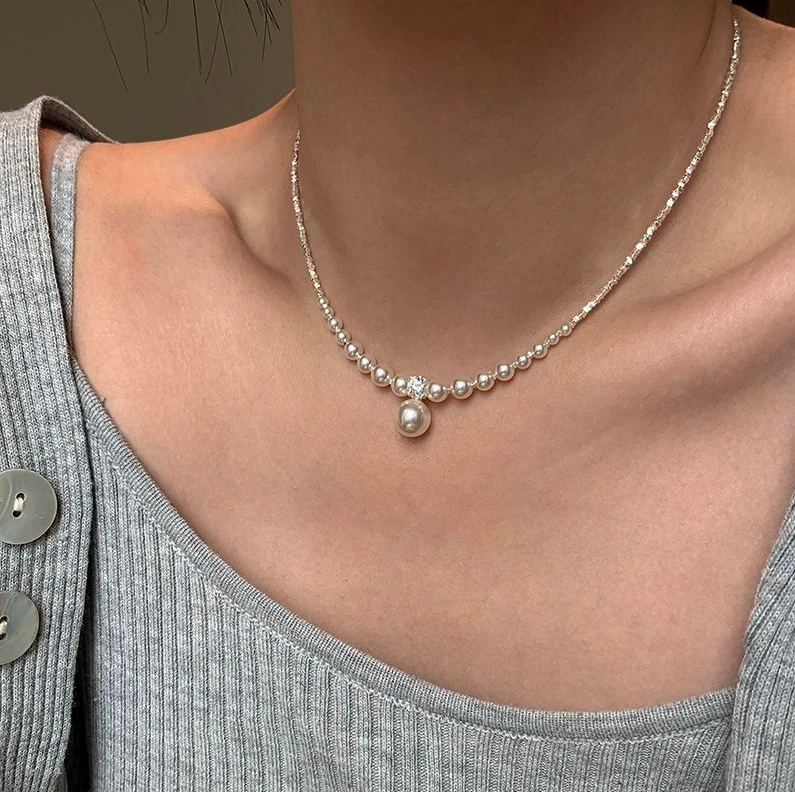 仙琳 链子925银珍珠 碎银项链配饰轻奢气质颈链珠珠百搭锁骨链