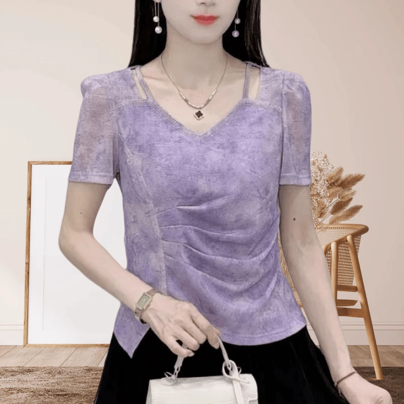 时尚水墨晕染短袖T恤女2025夏季新款洋气显瘦减龄别致烫钻V领上衣