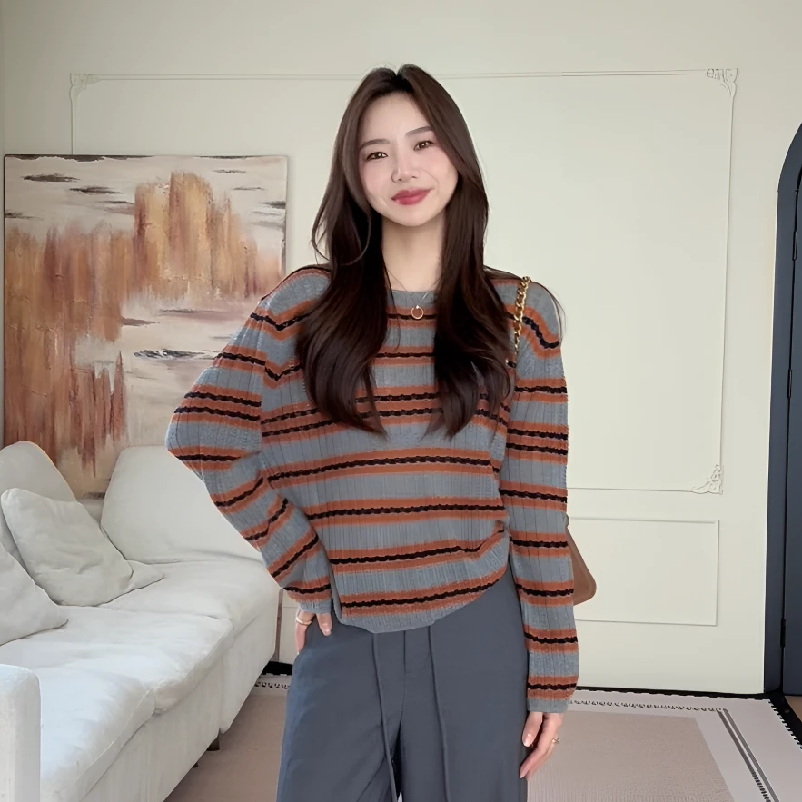 【余欢欢】秋季休闲时尚圆领套头条纹针织衫-YHW50747