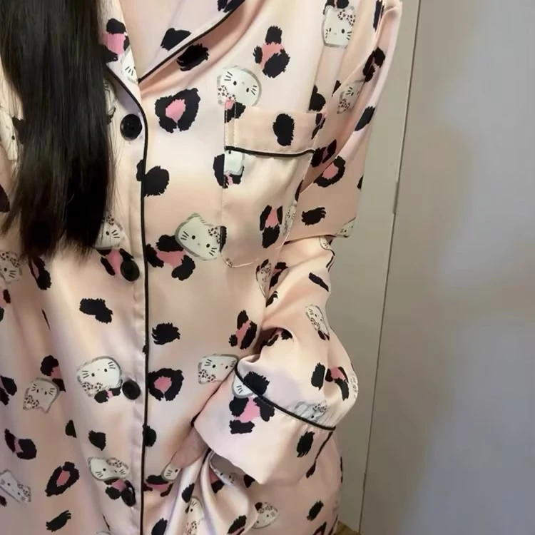 新款豹纹KT带发圈长袖长裤甜美女生家居服睡衣套装1756