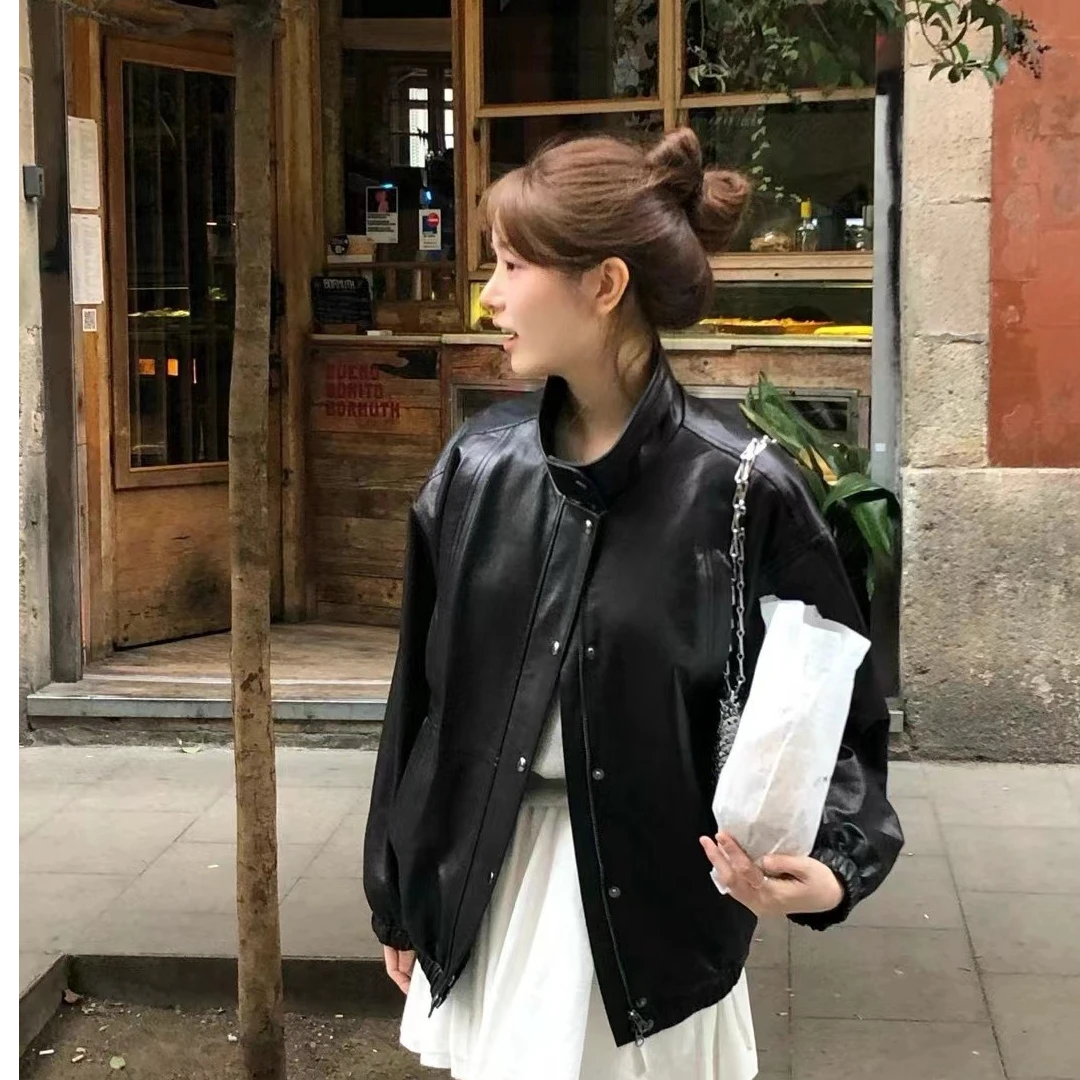 2025秋季新款Ounce宽松气质复古立领拉链ins皮衣外套短款NO退货