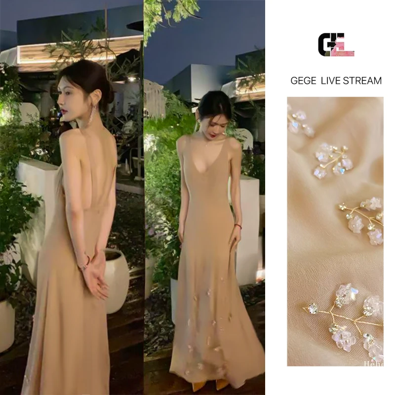 【艺术必修课】法式优雅气质收腰大V领露背修身显瘦无袖连衣裙