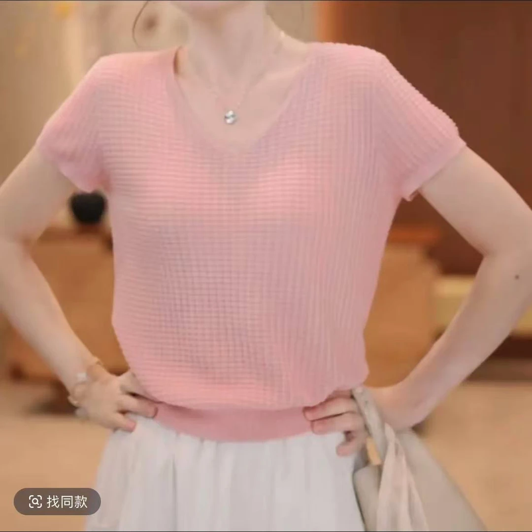 华夫格】1夏季新品华夫格V领纯色上衣