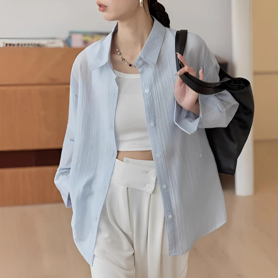 慵懒蓝色百搭宽松外套肌理感薄款防晒新款衬衣衬衫女长袖上衣休闲