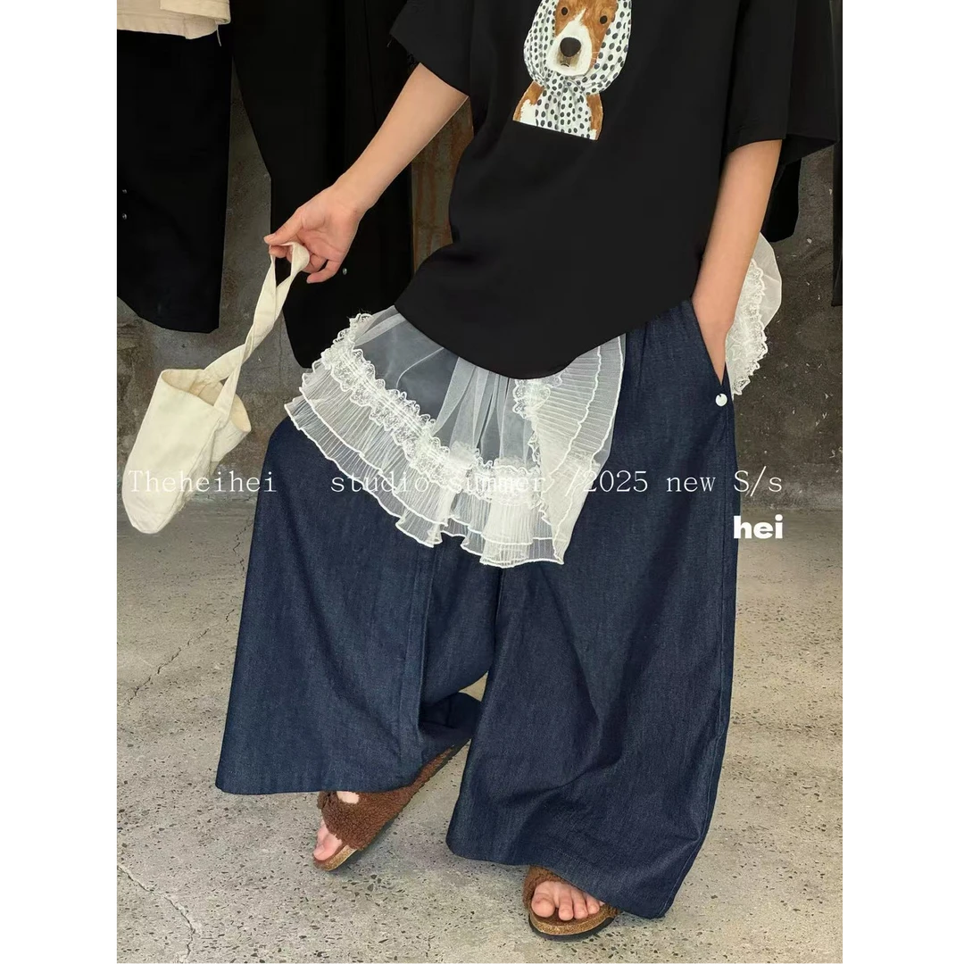 设计师品牌【夏日牛仔】简约百搭阔腿休闲牛仔裤中大童亲子装 3121