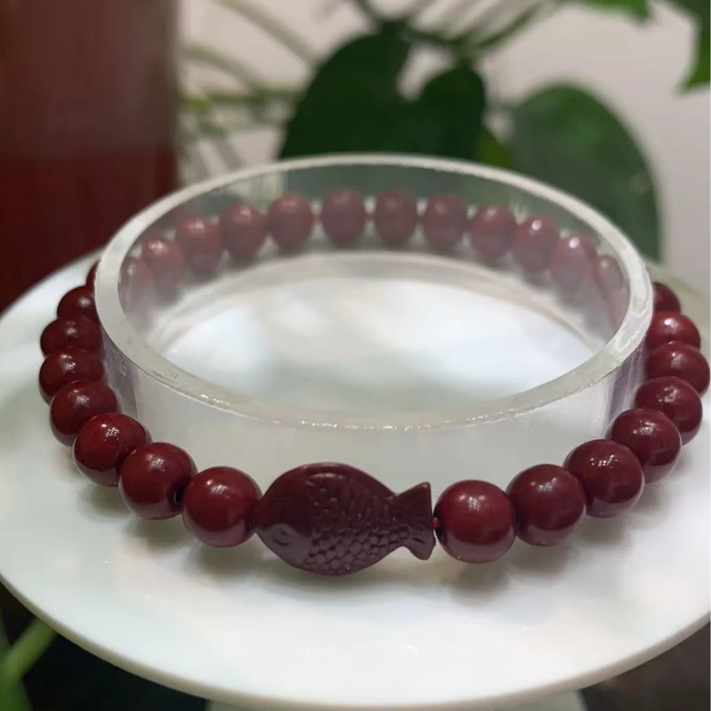 含辰砂工艺品鱼你在一起原矿打磨含辰砂朱砂手串