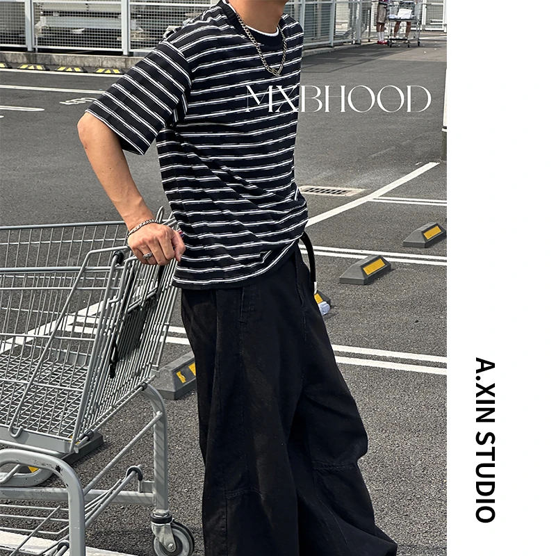 【阿信】夏季男士黑白吸湿透气条纹宽松薄款显瘦圆领短袖t恤上衣