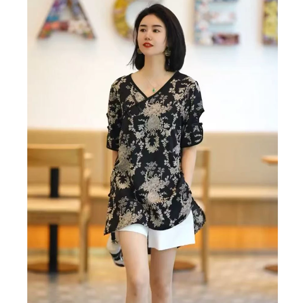 大码女装中国风复古盘口短袖衬衣配纯色百搭短裤套装女