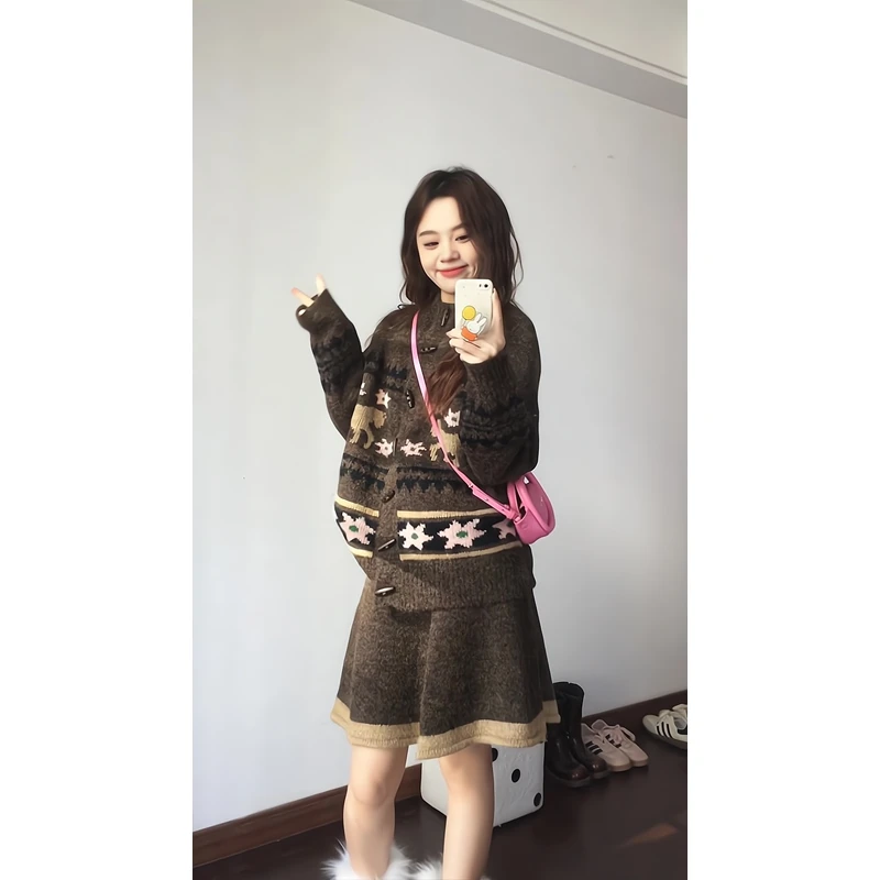 复古圣诞氛围花纹毛衣开衫杂色童趣针织开衫半裙短裙宽松外套秋冬