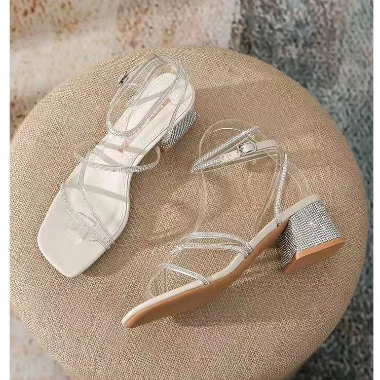 仙女风新款气质凉鞋pvc透明水钻绑带粗跟凉鞋女夏外穿方头高跟鞋