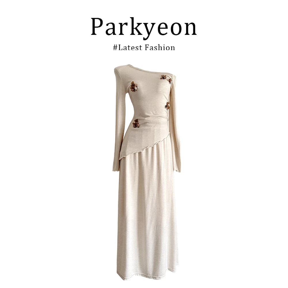 【R专属】法式温柔风立体花朵斜肩长袖T恤上衣半身裙早秋两件套