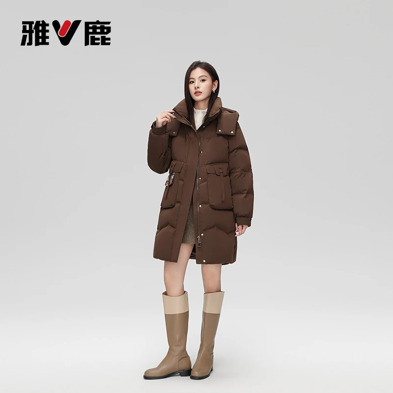 雅鹿时尚休闲美拉德色厚款羽绒服冬季新款中长款可脱卸帽防风保暖