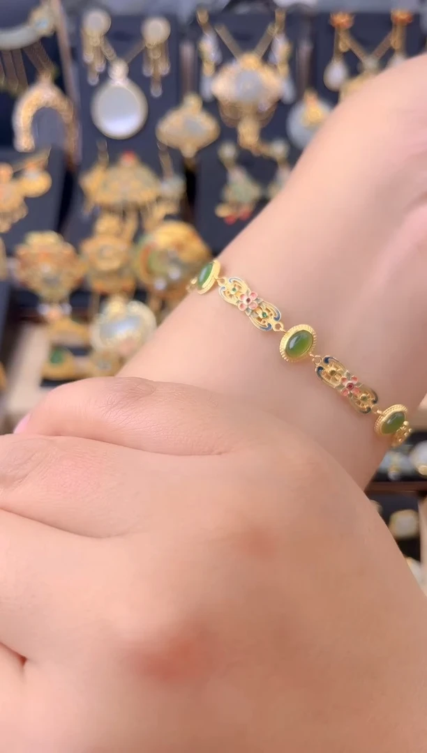 和田玉银S925镀金镶嵌套链桃之夭夭珐琅手链