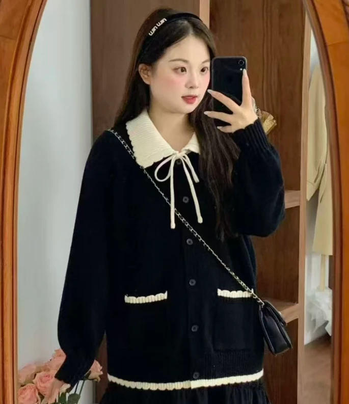 大码胖MM小香风撞色娃娃领系带针织衫女秋冬季显瘦百搭外套776