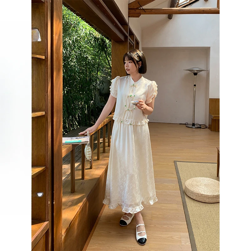 QC杨杨-微胖大码新中式盘扣提花衬衫上衣套装夏A字半身裙XS403Z75