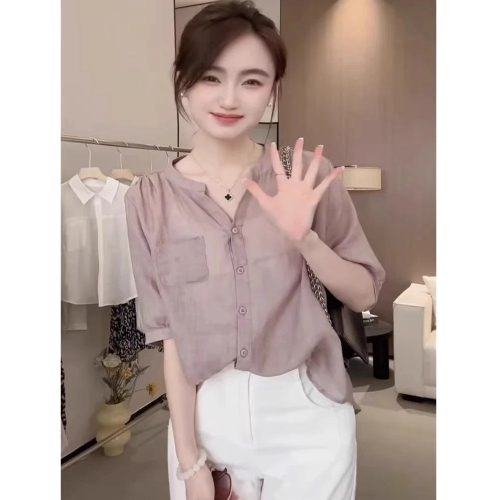 夏季V领短袖衬衫女上衣2025新款洋气韩系宽松显瘦衬衣休闲小衫潮