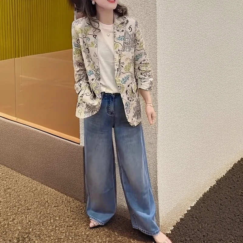 【大爱美依缘】春季新款时尚老钱风印花西服外套宽松牛仔裤显瘦女