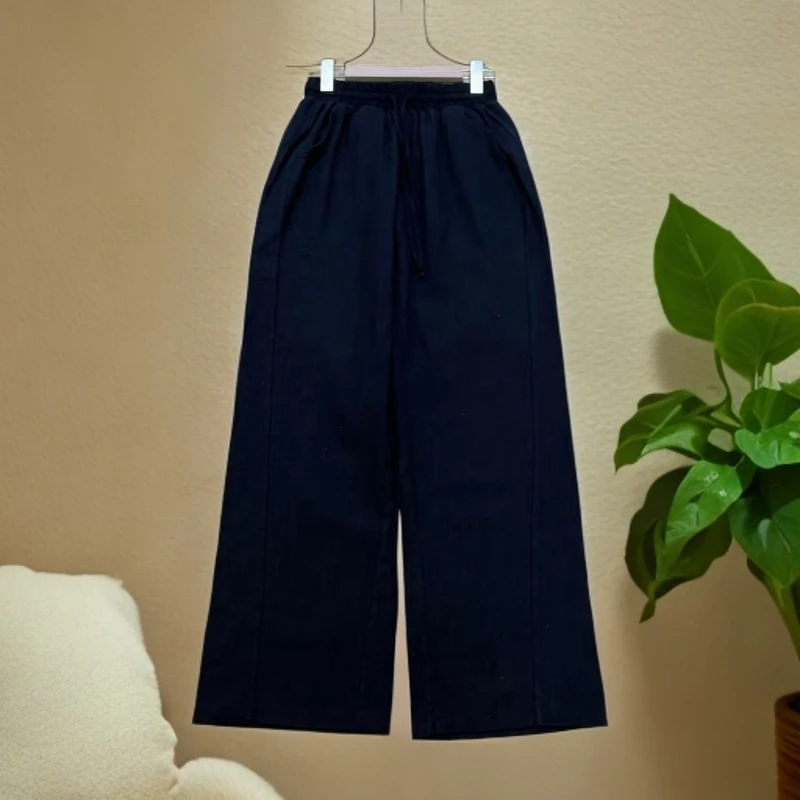 艳儿家【黑色亚麻弯刀直筒裤】简约纯色显瘦舒适休闲裤