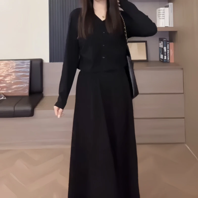 法式黑色V领长袖茶系穿搭连衣裙女装高级感时髦遮肉显瘦两件套装