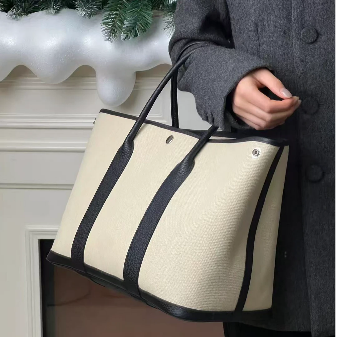 99新 Hermes/爱马仕 花园36米色拼黑托特包/甄选