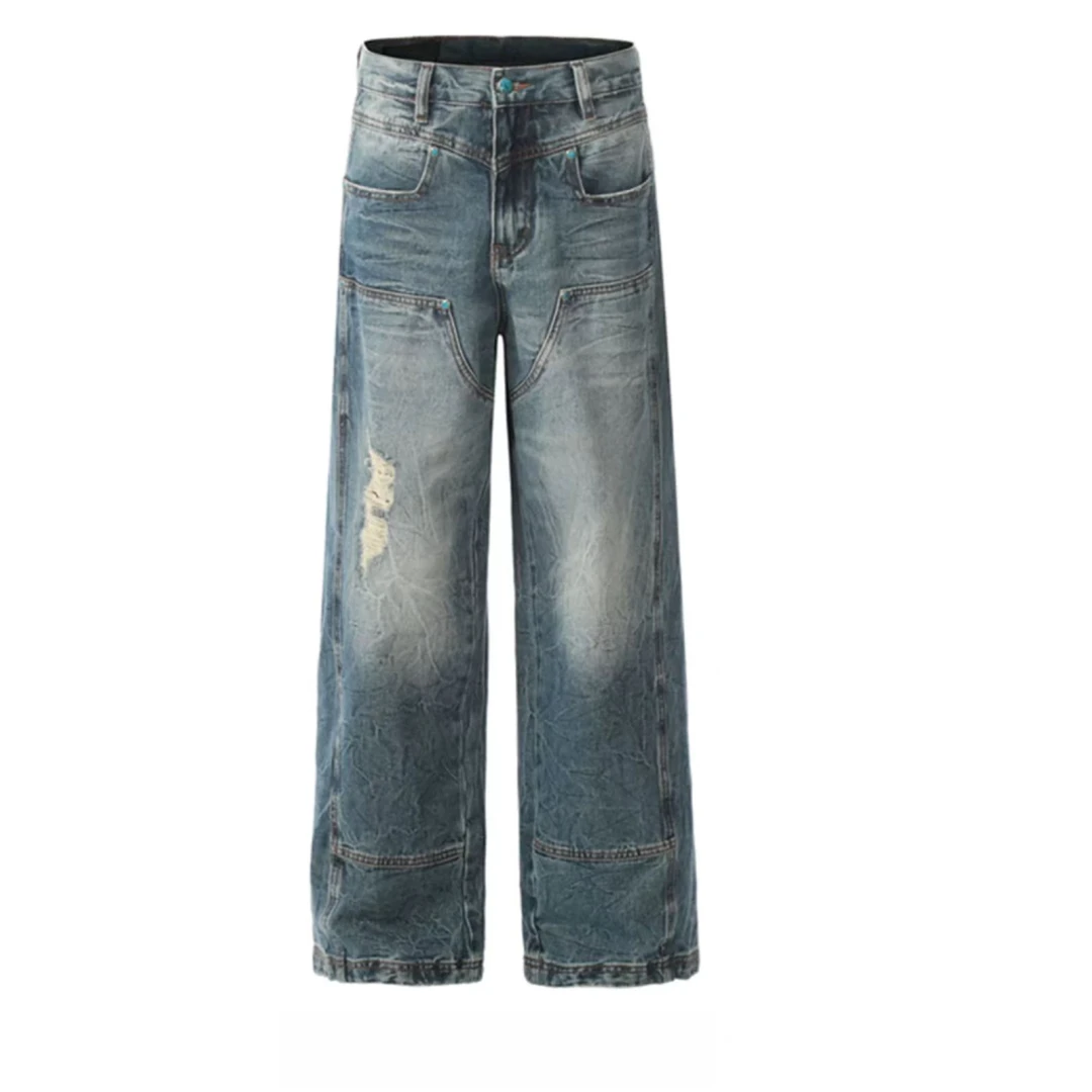 AMAZCOOL高级感绿松石铆钉水洗破洞直筒牛仔裤4540