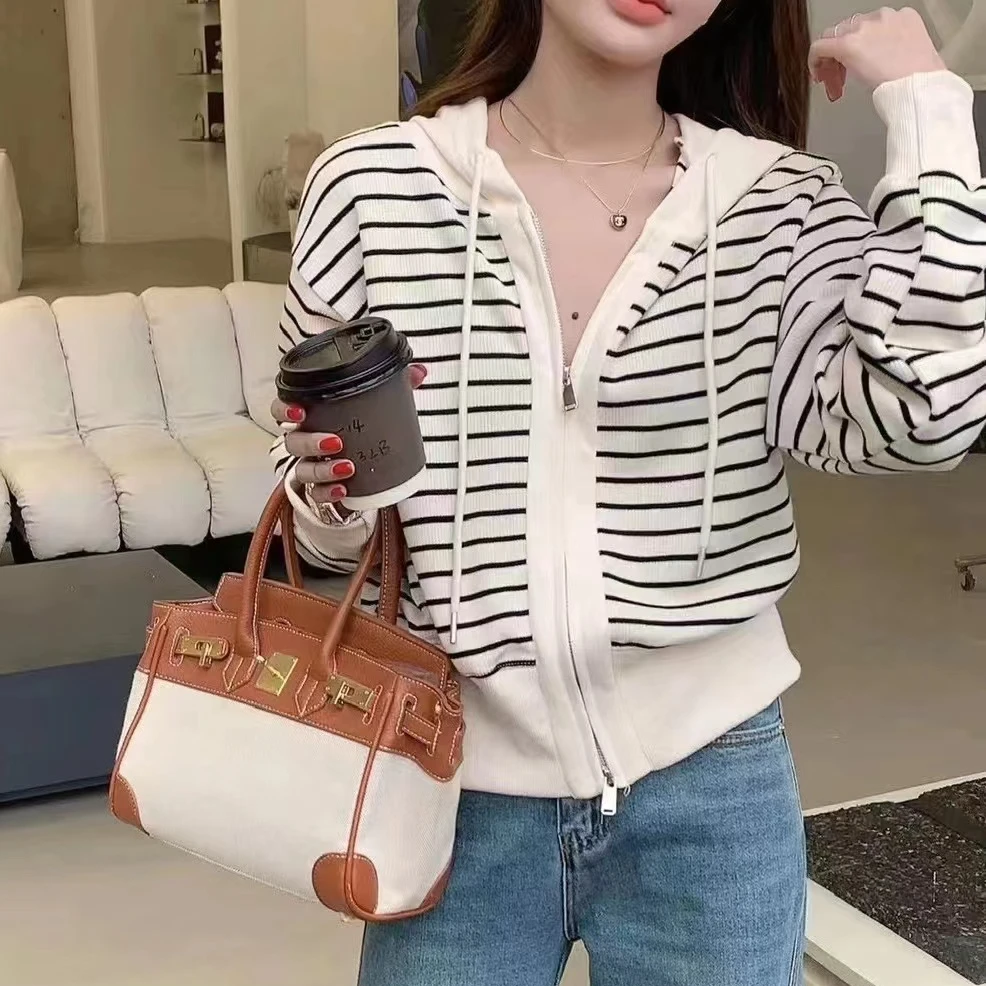 春季条纹连帽开衫卫衣女春秋薄款2025新款宽松韩版小个子短款外套