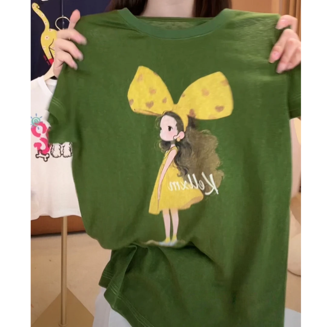 设计感卡通女孩绿色短袖T恤女2025春夏新款时尚百搭简约显瘦上衣
